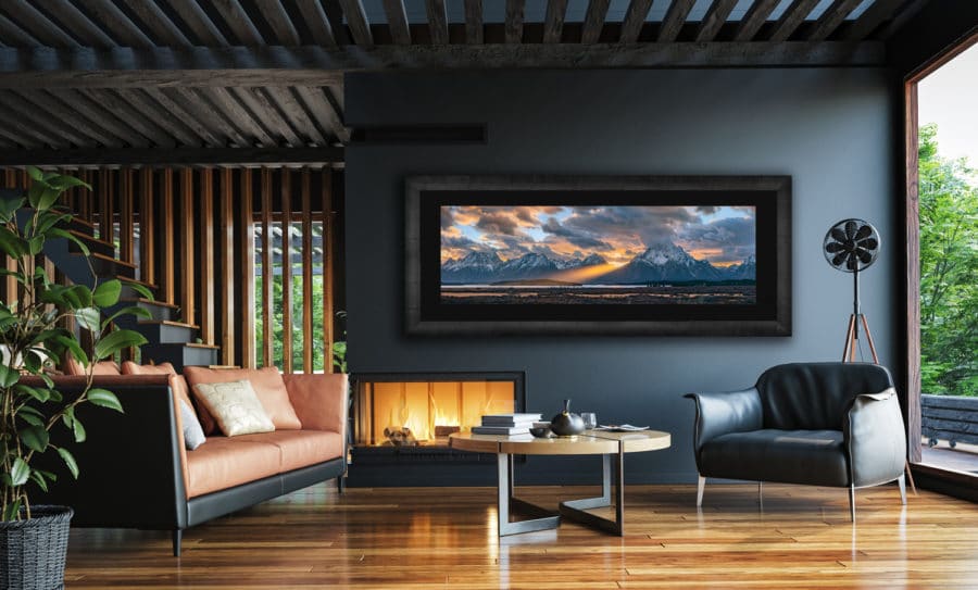 large panoramic image of the Grand Tetons National Park displayed in the living room of modern luxury home