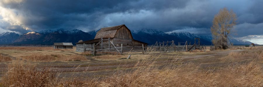 panoramic photo of old barn near Jackson Wyoming