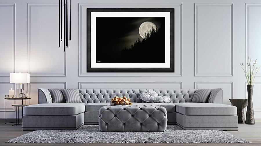 Large framed photo of a full moon and trees displayed above a couch in a luxury home