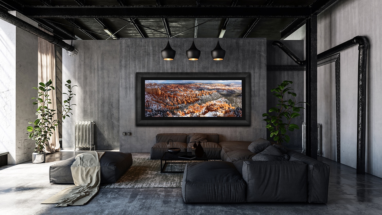 Large framed photo of Bryce Canyon National Park displayed above couch in living room of luxury home